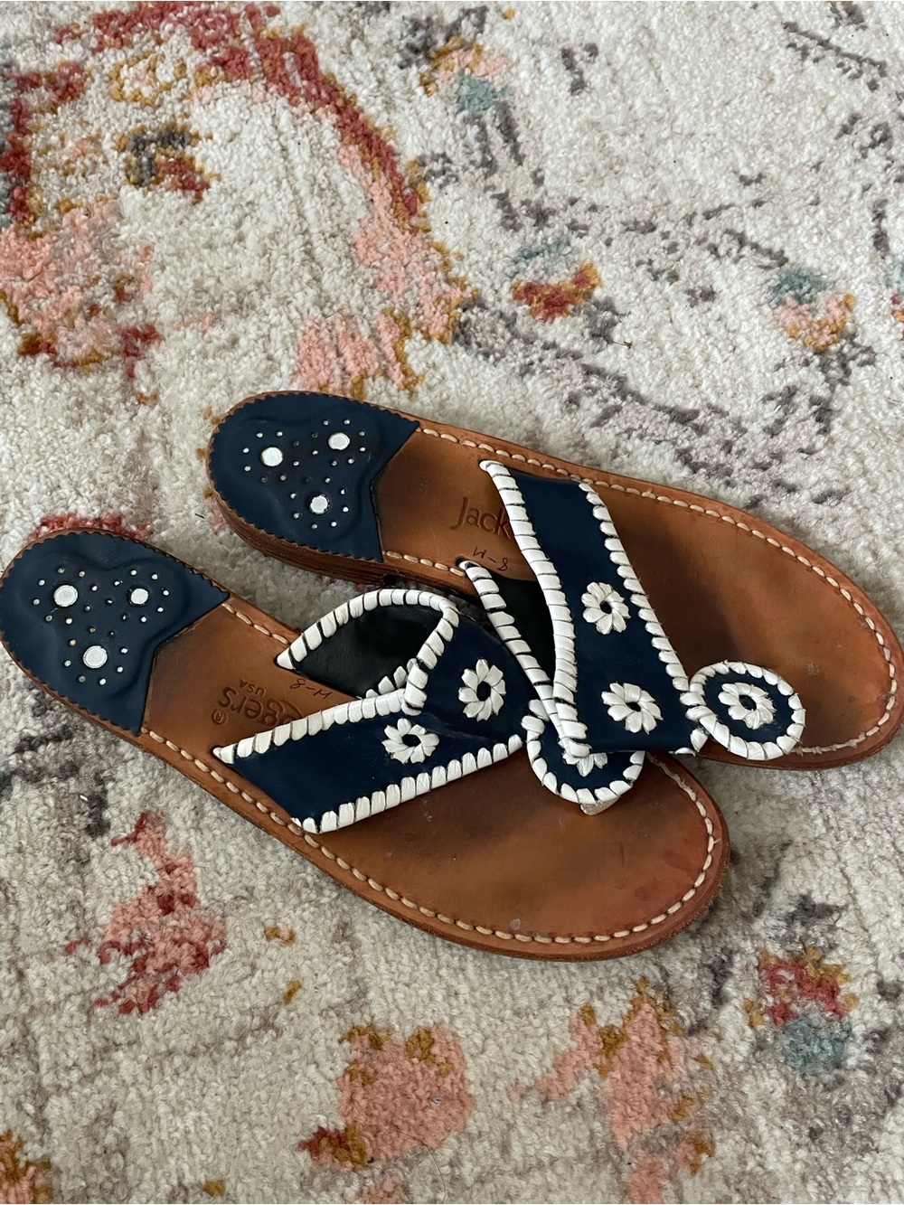 Jack Rogers Navy Leather Sandals with White Braided Trim